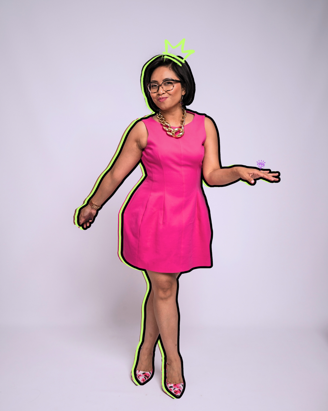 Rebecca Leppard with a lime doodle crown, wearing a bright pink dress